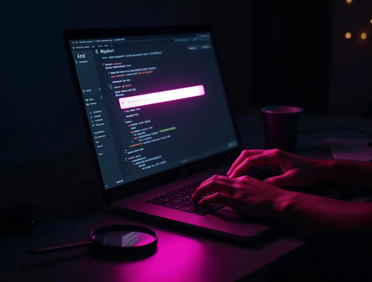 Manos escribiendo en una laptop con una barra de búsqueda iluminada en rosa y una lupa sobre el escritorio