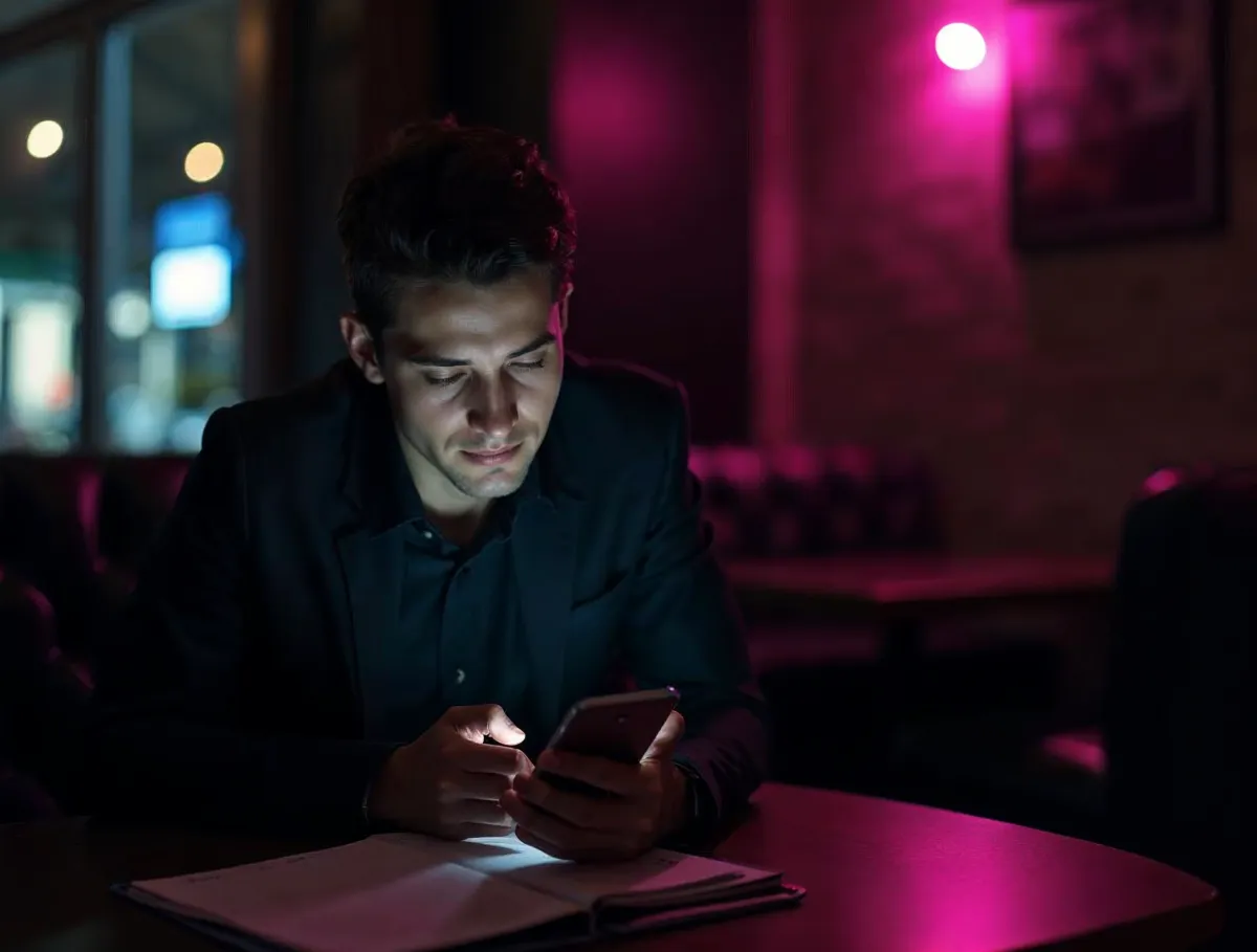 Joven revisa su teléfono móvil en una cafetería de noche, buscando ofertas de empleo en una aplicación