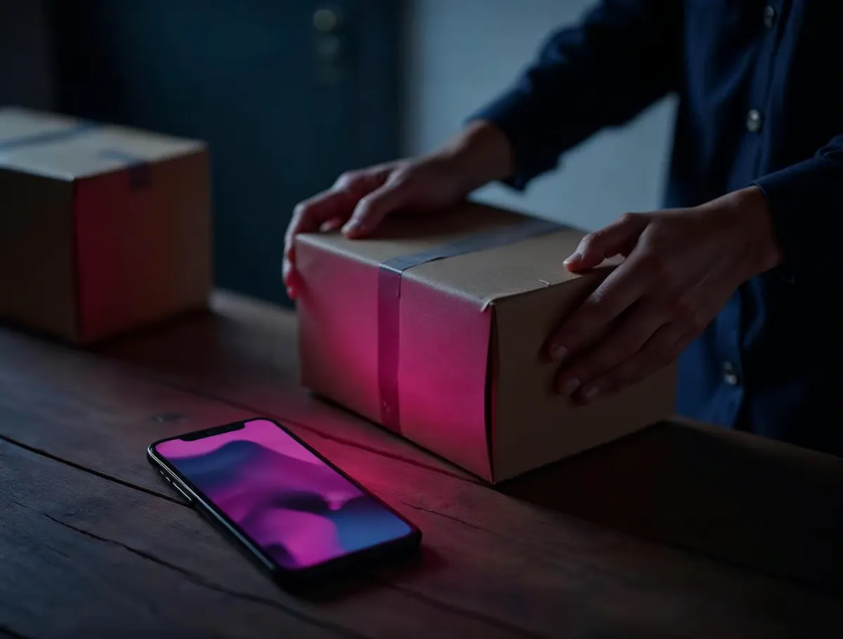 Envíos del comercio electrónico Manos empacando una caja de cartón junto a un celular, ilustrando los envíos del comercio electrónico