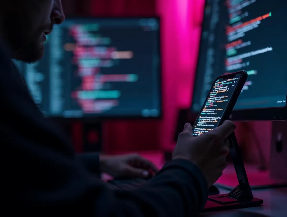 Desarrollador revisa código en un teléfono móvil frente a monitores con código, en el proceso de crear una app