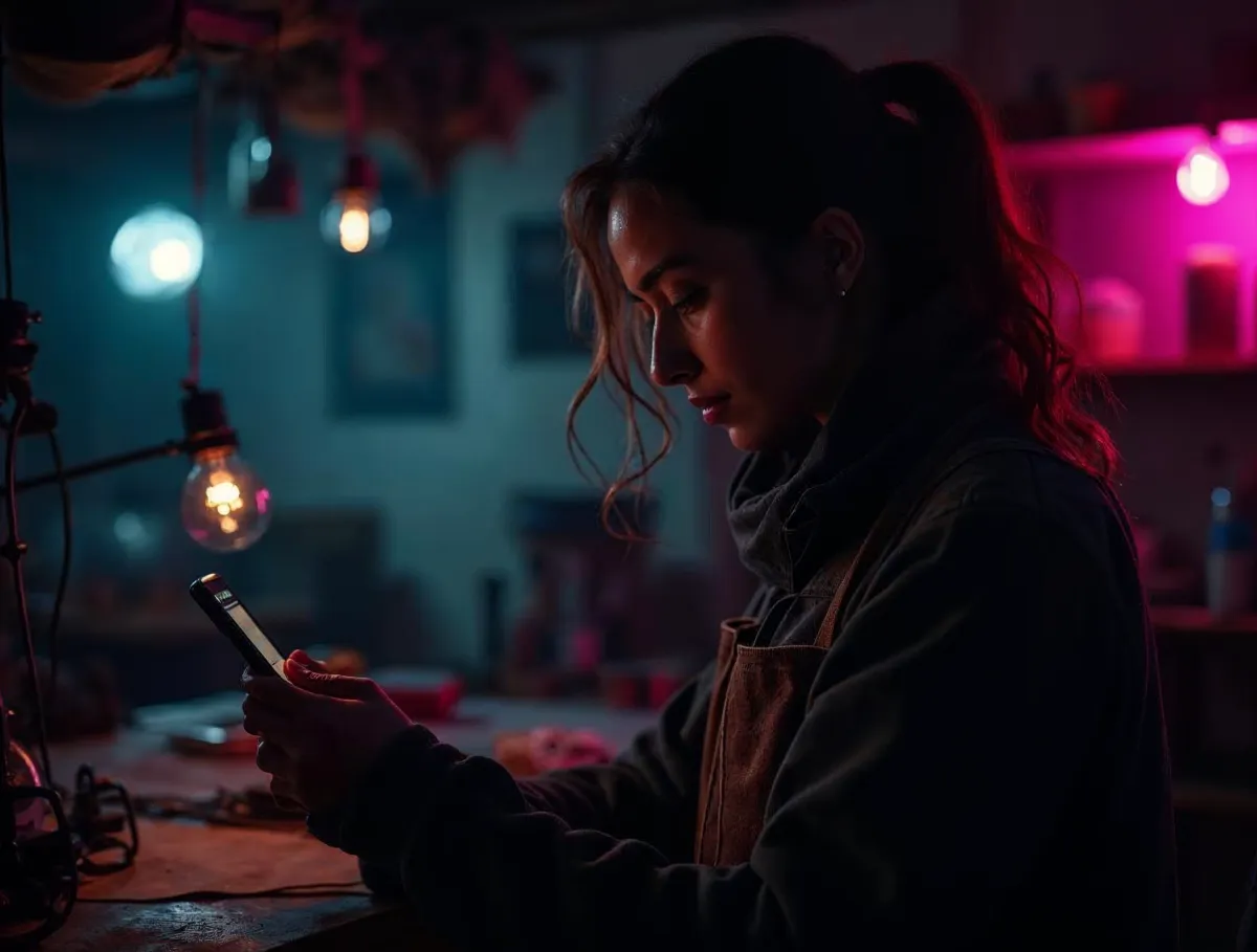 Emprendedora gestionando ventas desde el celular Emprendedora con delantal revisa su celular en un taller iluminado con bombillas, lista para vender en internet