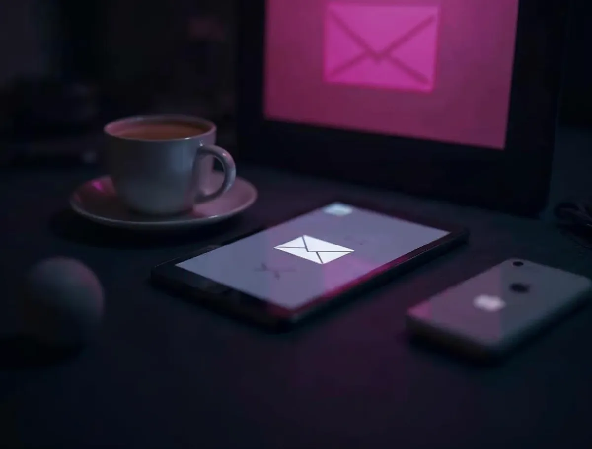 Tablet, celular y monitor con íconos de correo electrónico junto a una taza de café en un escritorio oscuro