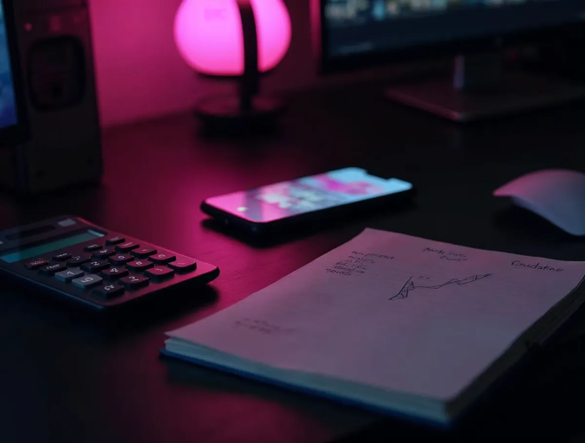 Escritorio con calculadora, teléfono móvil y cuaderno con gráfico para estimar el costo de crear una aplicación