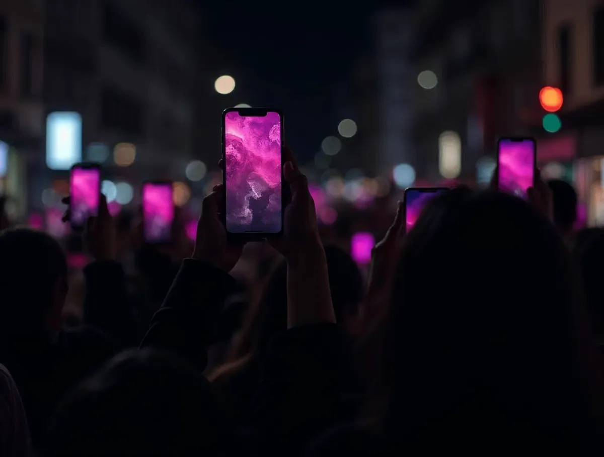 Multitud de noche en la ciudad con varias personas levantando teléfonos móviles de pantallas rosadas