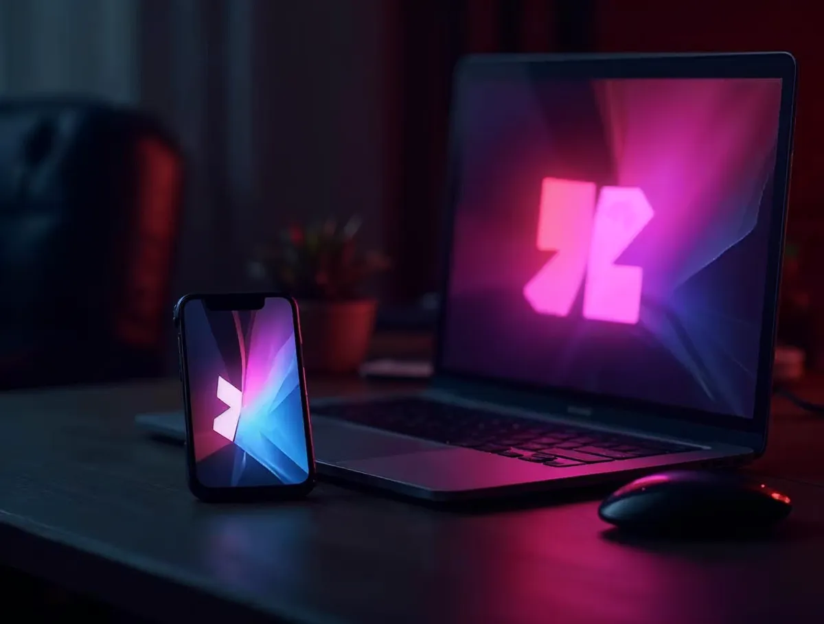 Teléfono móvil y laptop sobre un escritorio mostrando la misma interfaz, idea de una web app multiplataforma