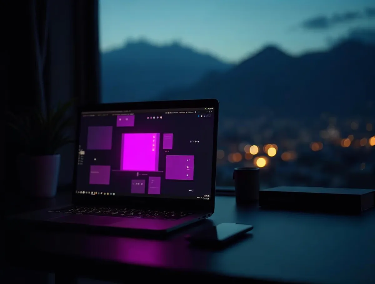 Laptop con un diseño web en tonos morados sobre un escritorio, frente a montañas y luces de la ciudad al anochecer