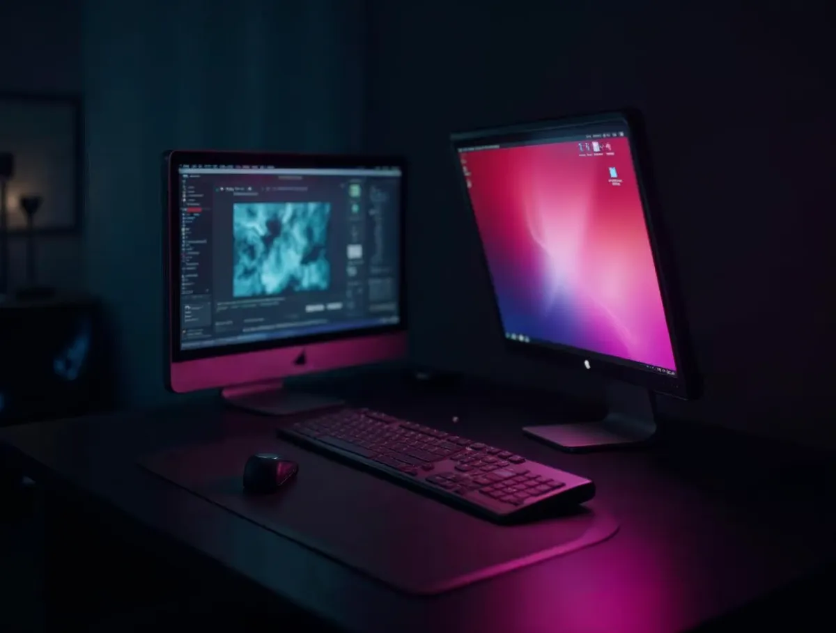 App o página web: qué conviene Escritorio con dos monitores iluminados en tonos rosados, uno con un editor de diseño abierto