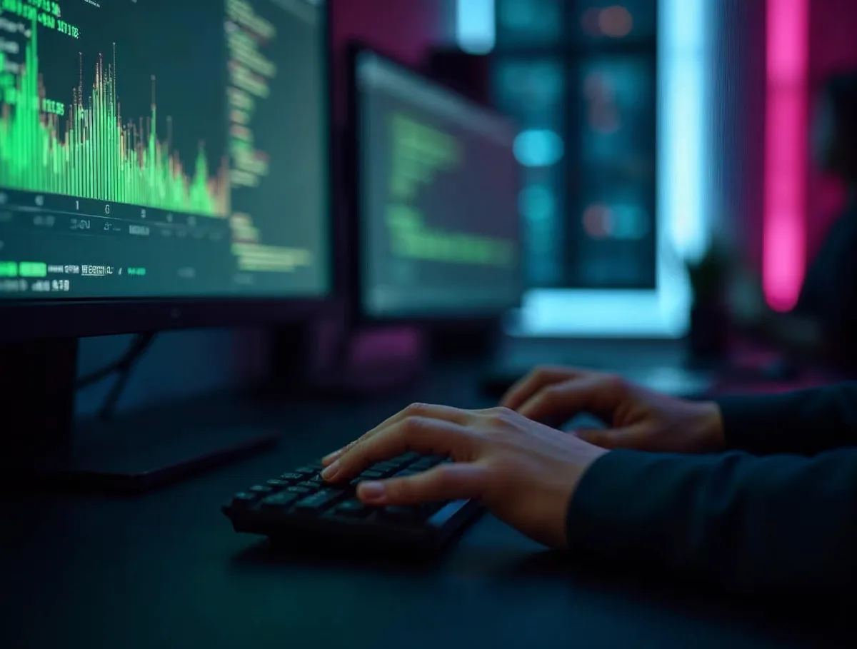 Manos escribiendo en un teclado frente a monitores con gráficos y código para gestionar una página web
