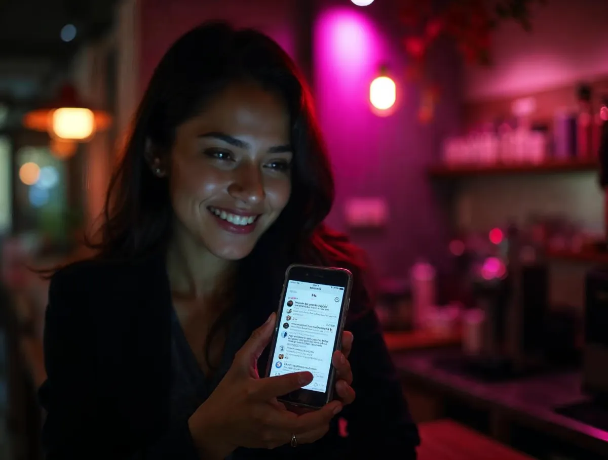Mujer sonriente revisando notificaciones de redes sociales en su celular dentro de un café con luces rosadas