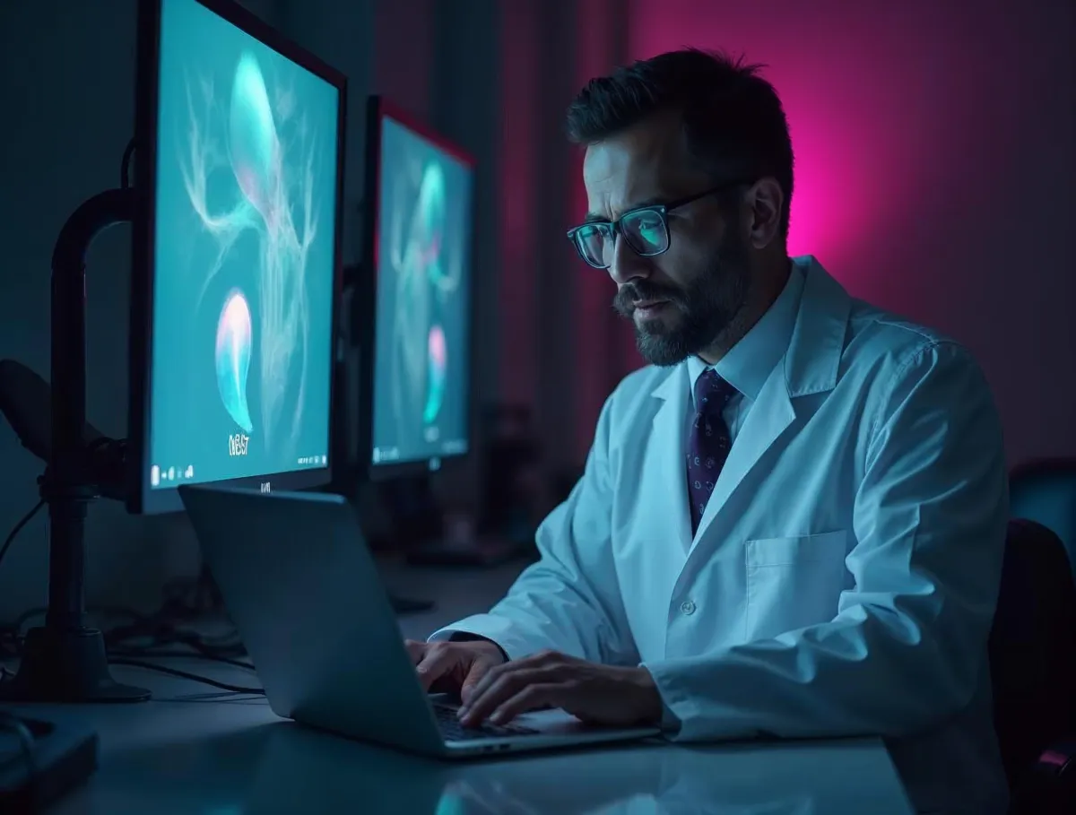 Médico trabajando en su computadora Médico con bata blanca y gafas trabajando en su portátil frente a monitores con imágenes médicas