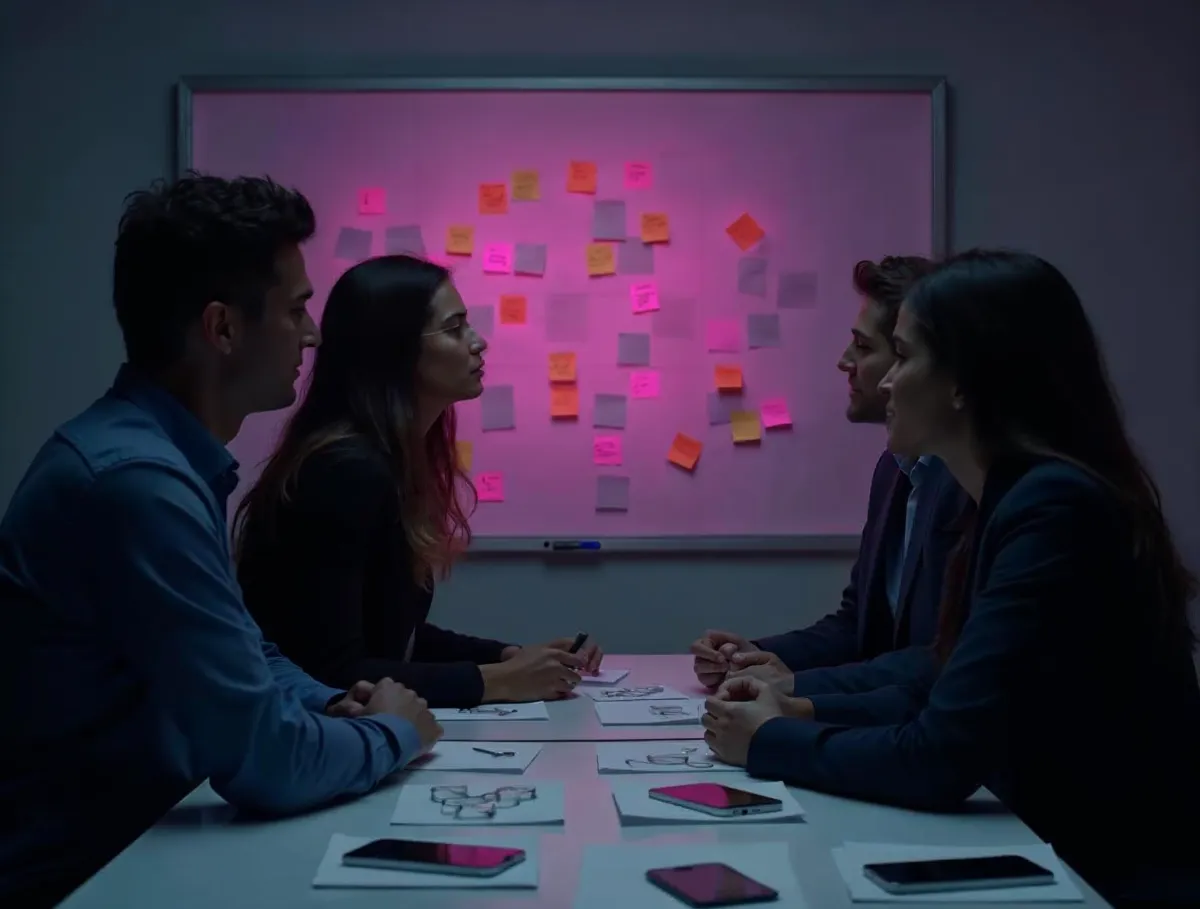 Equipo de cuatro personas planificando una app en una mesa con bocetos y teléfonos, frente a un tablero con notas adhesivas