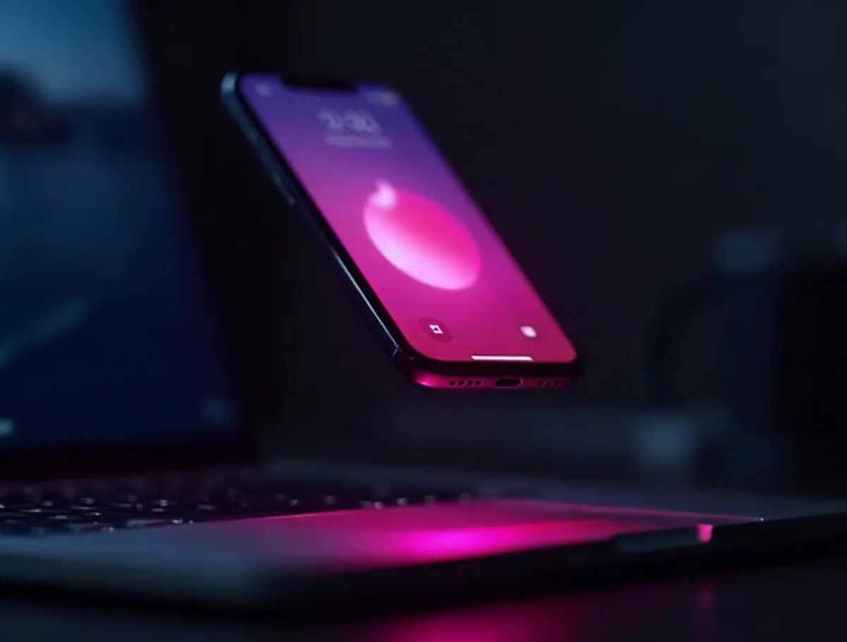 Smartphone sobre laptop con luz rosa Teléfono inteligente con pantalla iluminada en rosa flotando sobre una laptop, ilustrando las apps web progresivas