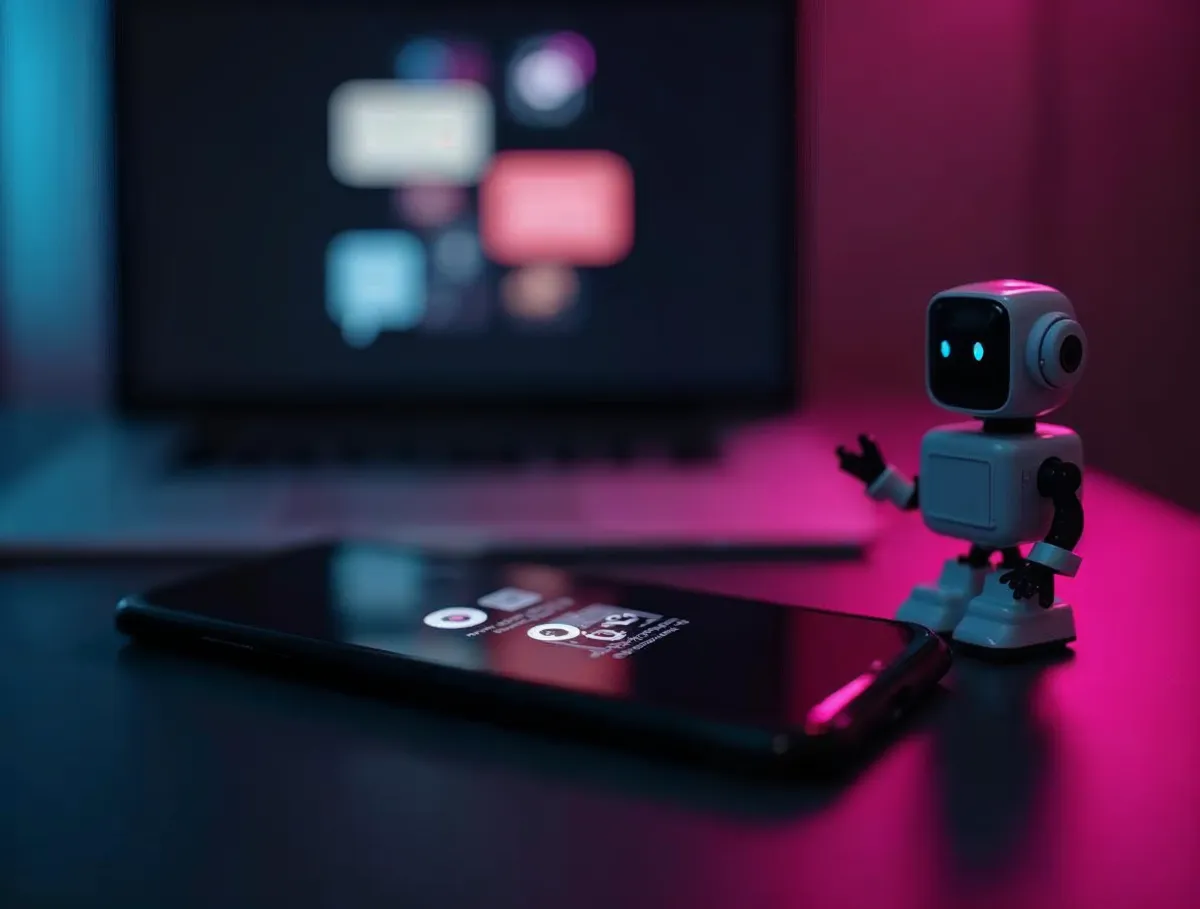 Un chatbot listo para conversar Pequeño robot junto a un teléfono móvil y una laptop con burbujas de chat, idea de un chatbot que atiende clientes