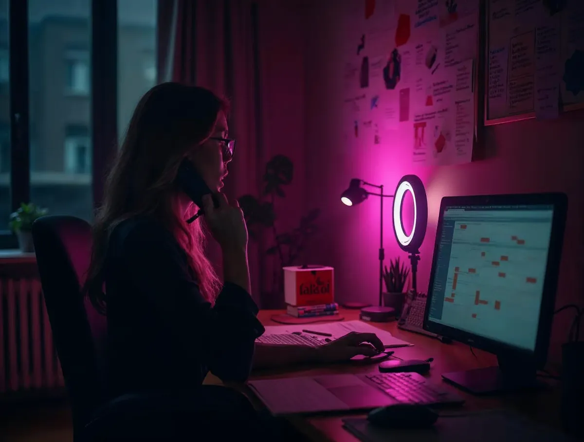Community manager habla por teléfono mientras revisa un calendario de contenidos en su escritorio con aro de luz