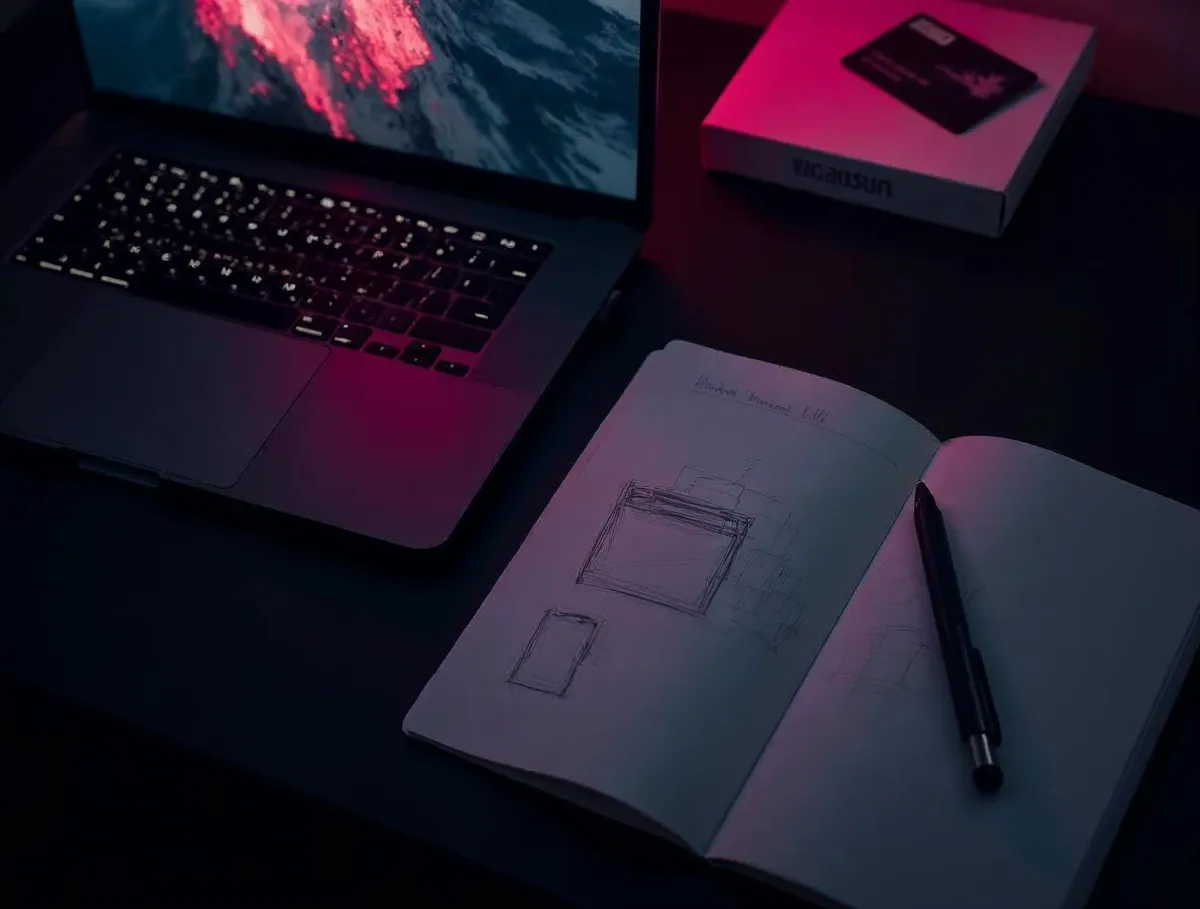 Laptop sobre un escritorio oscuro junto a un cuaderno con bocetos de diseño web, para planificar una tienda online