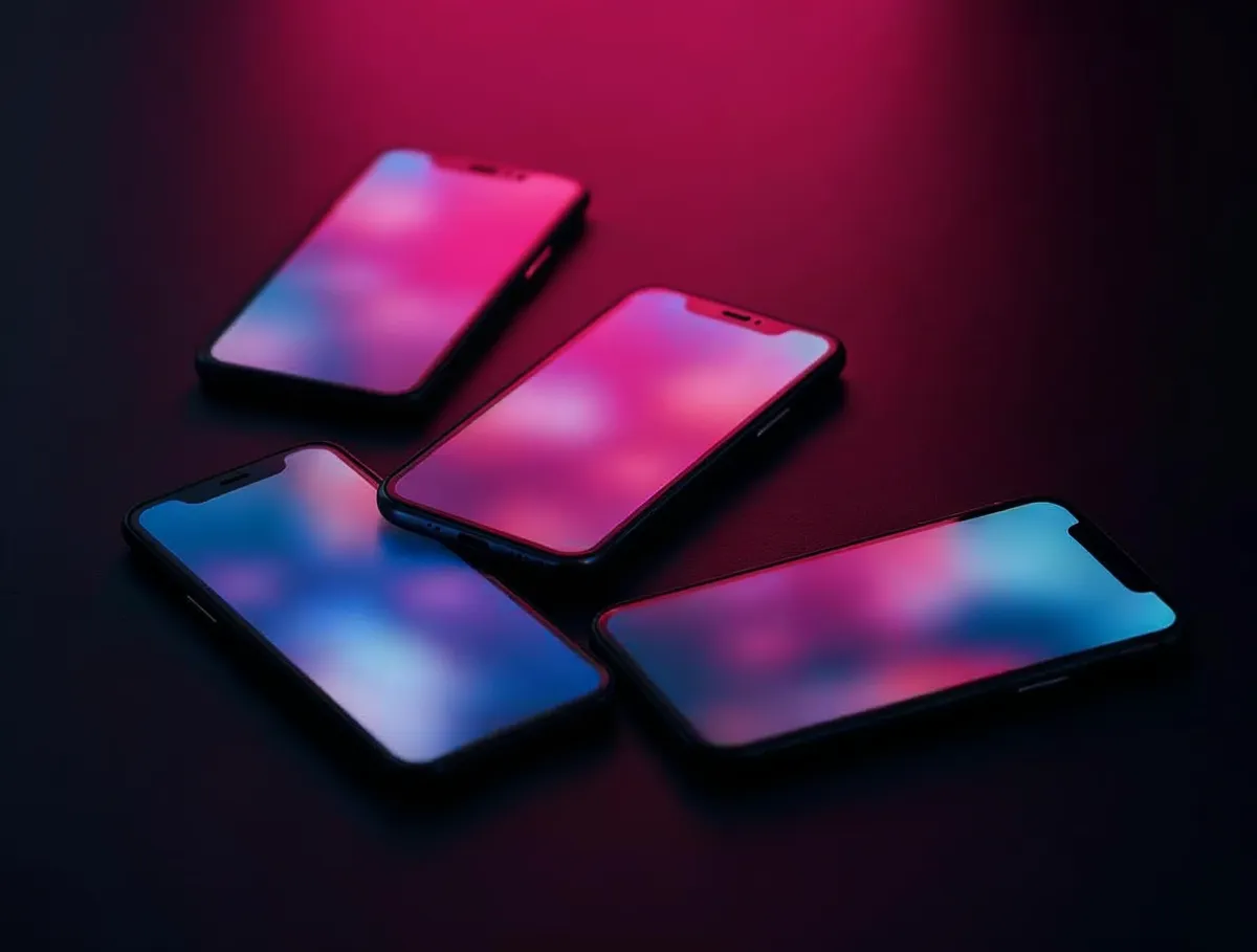 Tipos de aplicaciones móviles Cuatro smartphones con pantallas de degradado rosa y azul sobre una superficie oscura, portada sobre tipos de apps móviles