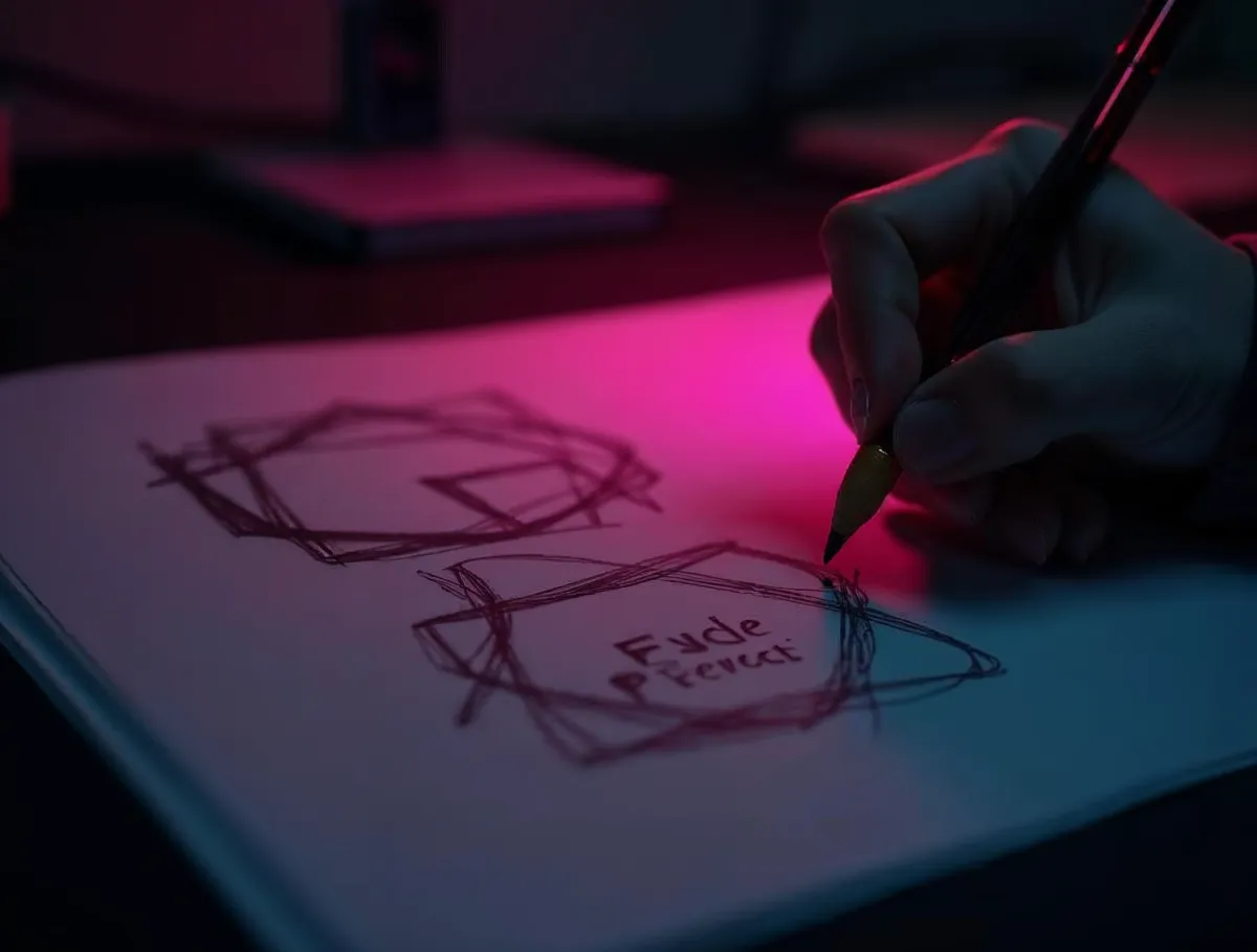 Bocetos a mano de un logo Mano dibujando a lápiz bocetos de formas geométricas para un logo en un cuaderno bajo luz rosa