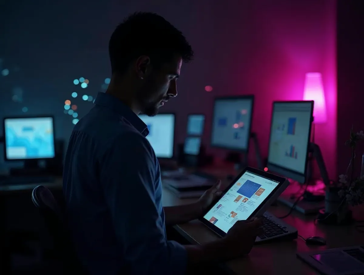 Hombre revisa una tableta en una oficina oscura con monitores de gráficos, símbolo de la transformación digital