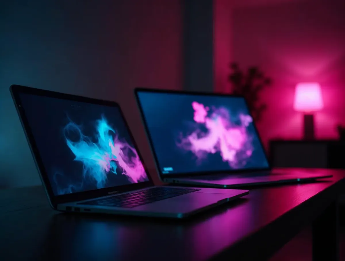 Laptops listas para vender en línea Dos laptops abiertas con fondos de humo azul y rosa sobre un escritorio, portada sobre cómo vender por internet