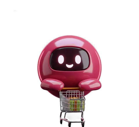 Ideo, la mascota de Ideas Creativas, empujando un carrito de compras